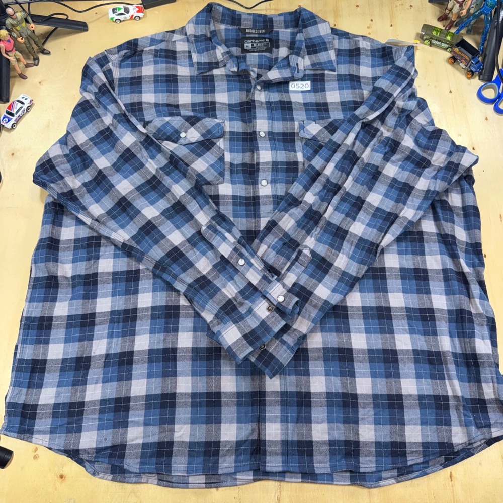 Carhartt Rugged Flex Mens 3XL Blue Gray Plaid Relaxed Fit Snap Front Shirt